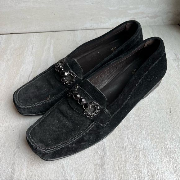 Stuart Weitzman Driving Loafers Black Suede Leather Size 7.5 Crystal Embellished - Picture 1 of 10
